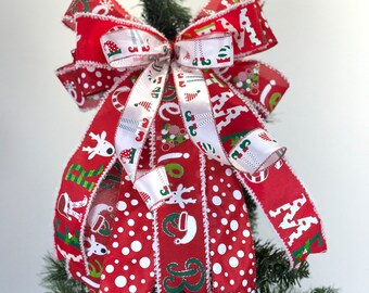 Whimsical Christmas Tree Topper, Elf Tree Topper, Santa tree topper bow