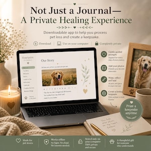 May include: A laptop displays a journal interface with a photo of a golden retriever. The text reads "Not Just a Journal - A Private Healing Experience." A framed photo, candle, and notebook with a pen are also visible.