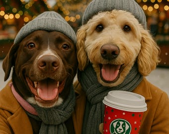 Selfie de mascota personalizado en invierno / Tarjetas originales / Retrato divertido de mascota con café de compras / Regalo fotográfico personalizado de perro y gato Archivo digital