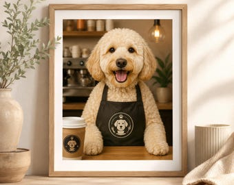 Custom Pet Coffee Shop Portrait, Dog Barista Art, Personalized Pet Gift, Digital Download