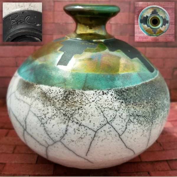 Raku Pottery Vase Signed Richie with Irridescent Glazing