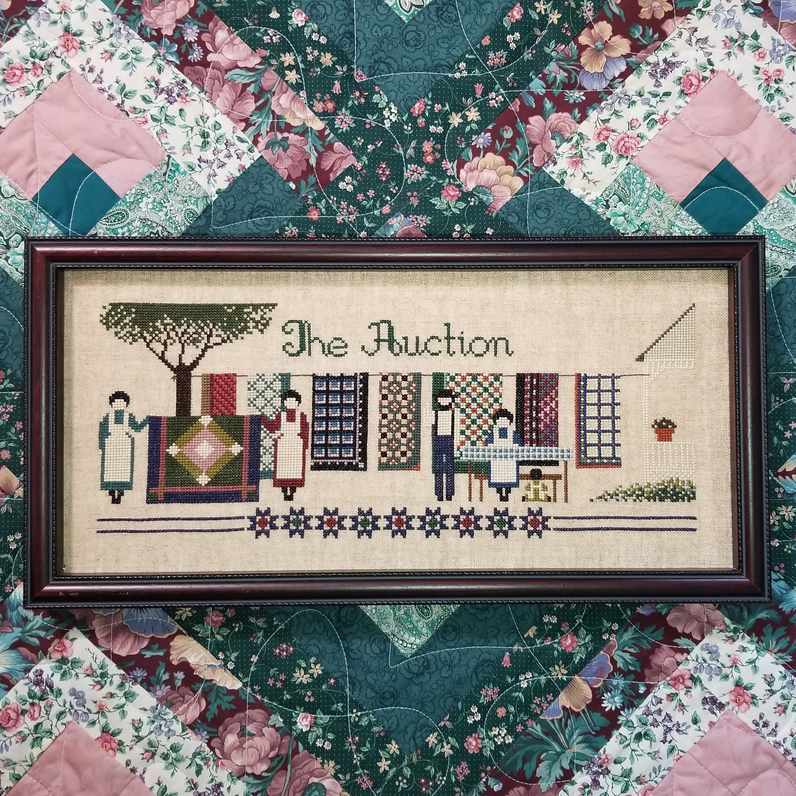 Completed Framed Counted Cross Stitch Picture Saying the Auction Showing  Amish Quilts on a Clothesline With Amish Folk 