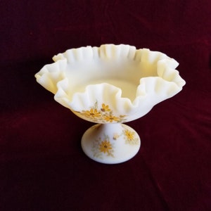 Vintage Signed Custard Fenton Pedestal Ruffle Edged Bowl/Compote with Hand Painted Flowers by Ellen McGregor.