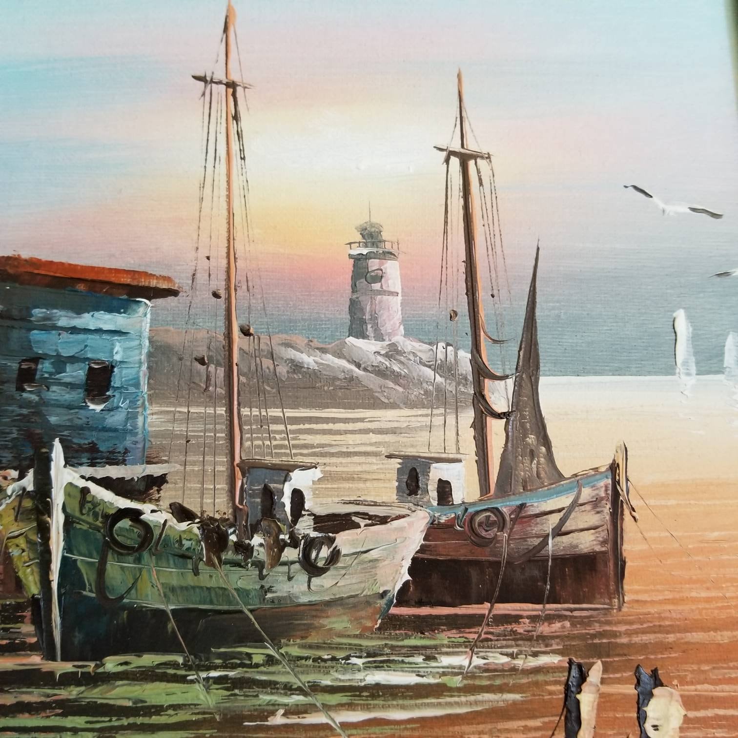 Vintage Max Savy Original Oil Painting of Lighthouse and Sailboats