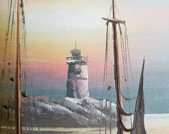 Vintage Max Savy Original Oil Painting of Lighthouse and Sailboats