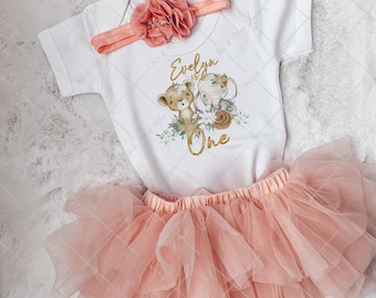 Baby Girl Birthday Outfit | Safari Birthday | Personalised Vest | Cake Smash Outfit |  First Birthday | Gift for her | Party dress