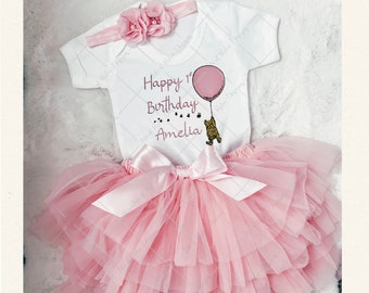 Baby Girl Birthday Outfit | Winnie the Pooh | Personalised Vest | Cake Smash Outfit |  First Birthday | Gift for her | Party dress