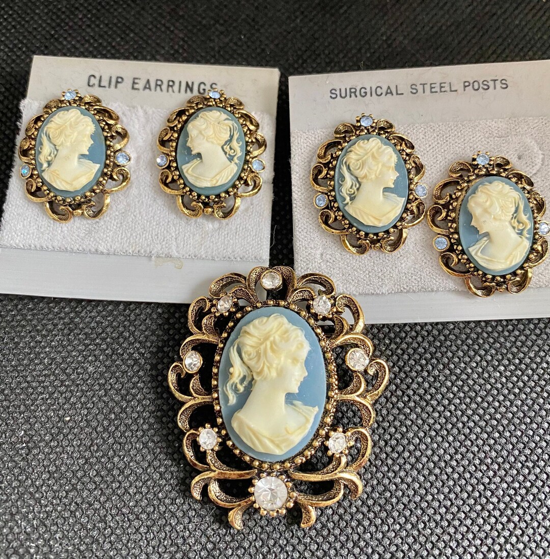 Vintage Pretty Costume Jewelry Blue Cameo Pin and Earrings Set Etsy
