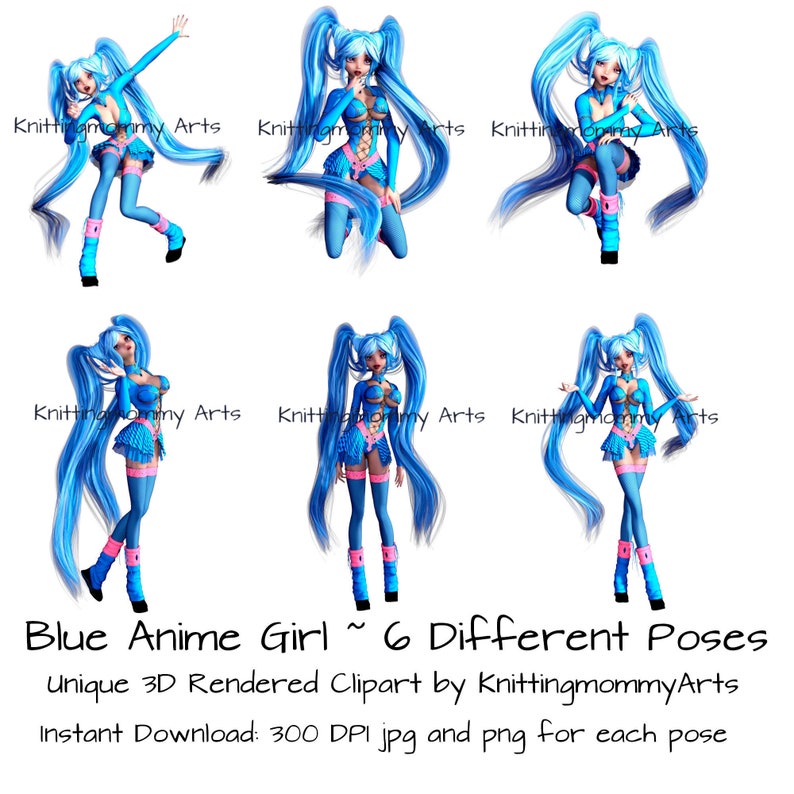 Blue Anime Girl - Clipart stilizzato - Clipart reso 3D - Download istantaneo, immagini a 300 dpi - formati jpg e png immagine 1