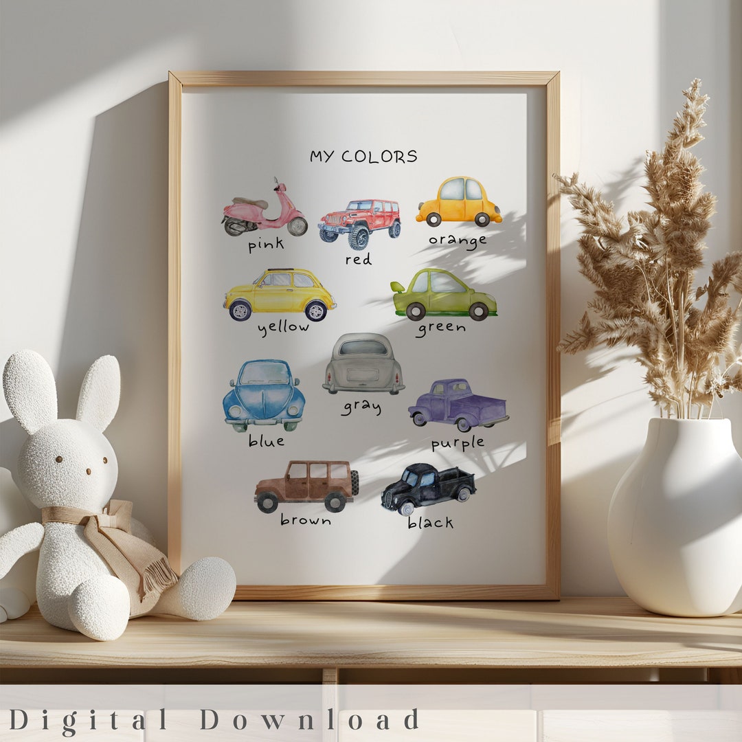 Colors Poster: Watercolor Cars, Toddler Educational Wall Art (digital ...