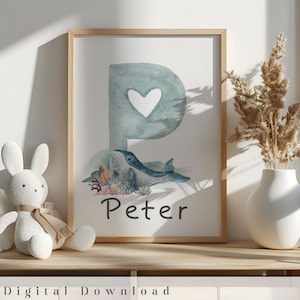 Whale Nursery Print: Custom Name Sign, Nautical Decor (Digital Download)