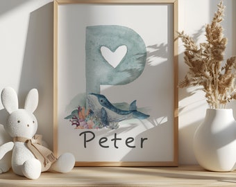 Whale Nursery Print: Custom Name Sign, Nautical Decor (Digital Download)