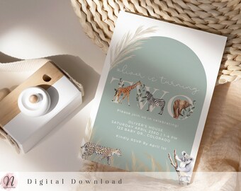 Verjaardagsuitnodiging voor twee wilde jungles: safaridieren, 2e verjaardag (digitale download)