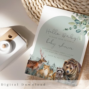 Woodland Baby Shower Invitation: Sage Green Forest Animals (Digital Download)