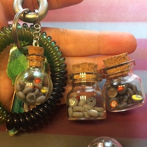 May include: Four small glass jars with cork tops filled with colorful buttons. The jars are attached to a green and black spring coil keychain.