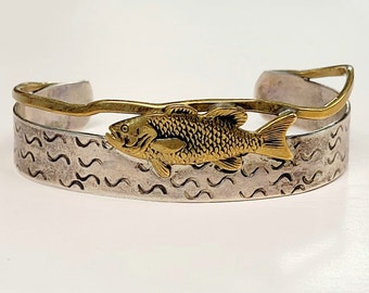 Sterling Silver and Brass Signed Courtney Peterson Design Fish Bracelet / Sterling Bracelet / Sterling Fish Bracelet