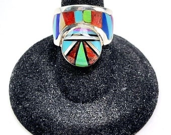 Sterling Zuni Style Inlaid Ring / Inlaid Artisan Ring / Sterling Turquoise Lapis Onyx Inlaid Ring / Gift Jewelry