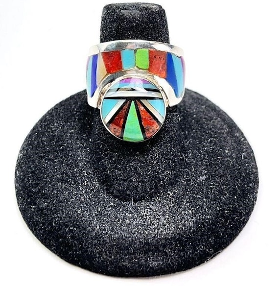 Sterling Zuni Style Inlaid Ring / Inlaid Artisan … - image 1