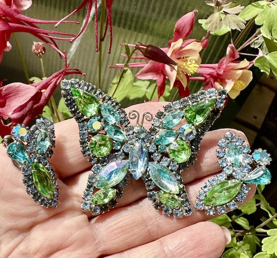 Exquisite Weiss Butterfly Set / Blue Green AB Rhinestone Butterfly Weiss Set