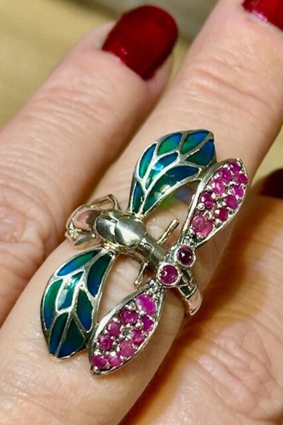 Vintage Sterling Ruby and Glass Dragonfly Ring / D