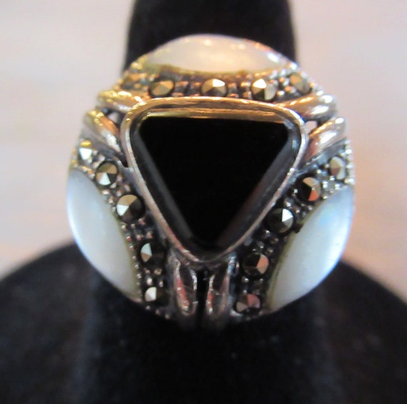 Vintage Onyx Mother of Pearl Marcasite Ring