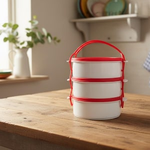 May include: A three-tiered white and red food container with a handle, ideal for carrying meals. The container is made of white plastic with red accents and a red handle. It sits on a wooden table.