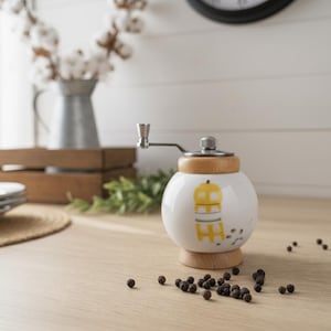 A small, round vintage-style pepper mill with a white porcelain body and a light wooden top. The mill features a subtle yellow geometric graphic on its side and has an exposed metal grinding mechanism at the top. The image is a close-up, showcasing the mill's design and internal structure, resting on a rustic farmhouse wooden table.