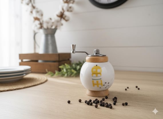 Vintage Ceramic Pepper Mill Grinder,  Small Wood & White Porcelain Spice Grinder with Hand Crank, hand salt pepper grinder,