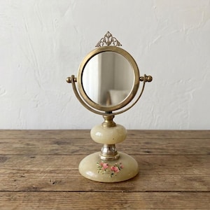 Vintage Onyx Brass Swivel Vanity Mirror with Floral Decal Retro Baroque Makeup Tabletop Pedestal Mirror for Dressing Table or Nightstand