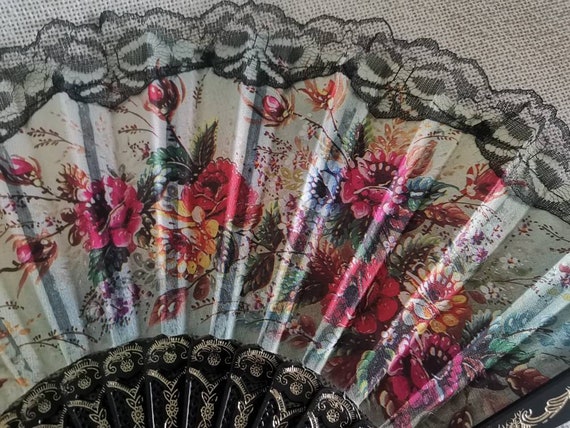 Vintage Black and beige Hand fan, fabric and lace… - image 6