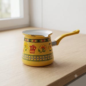 Peut inclure: Une cafetière en émail jaune avec un intérieur blanc et une longue poignée jaune. L'extérieur présente une bande décorative avec un motif en losanges vert et jaune, ainsi qu'un motif floral incluant des fleurs rouges et jaunes et des pichets.