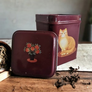 Vintage tin box for Tea or tobacco with cat and flowe, tin box with lid, Tea caddy, spice rack, Chinese Tea caddy, tobacco storage, seed box