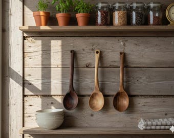 Vintage set of 3 hand carved wooden spoons, Deep Flour Scoop, Rustic Handcrafted Serving Spoons, Primitive salt and sugar scoop, honey spoon