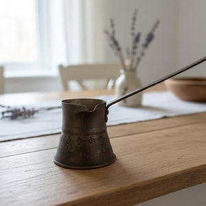 Puede incluir: Una cafetera de bronce vintage con un mango largo, sobre una mesa de madera. La cafetera tiene una base acampanada y detalles grabados. El fondo incluye un jarrón con lavanda y un cuenco de madera.