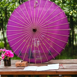 Vintage Chinese Hand painted silk and bamboo purple parasol for decoration, silk parasol, parasol, Antique parasol, uv umbrella, sun parasol