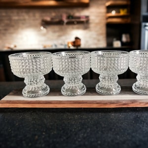 Vintage set of 4 dessert embossed glass cups, sherbet bowl, milkshake glasses, ice cream bowl, icecream bowls, depressionware, bud bowls