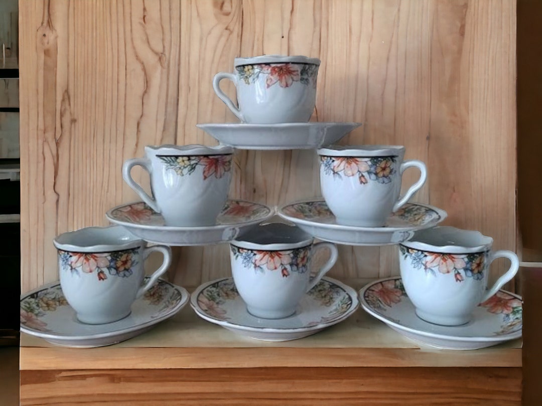 Vintage Porcelain Coffee Set of 6 Cups and Saucers With Flower Motif ...