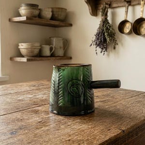 Vintage Emerald Green Ceramic Cezve Rustic Boho Briki Pot Hand-thrown Terracotta Milk Pitcher Sauceboat for Gravy, Maple Syrup and dressing