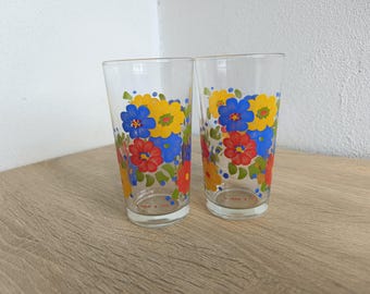 Vintage Cerve Italy Highball Gläser - 2er-Set Florale Becher, bunte Wassergläser, niedliche Saftglasbecher, Mama Eiskaffeeglasschale