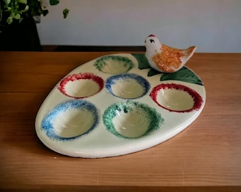 Porta huevos de Pascua de cerámica vintage para 6 huevos, porta huevos de gallina colorido, porta huevos de cerámica, bandeja de cerámica para huevos, porta huevos cocidos para 6 huevos