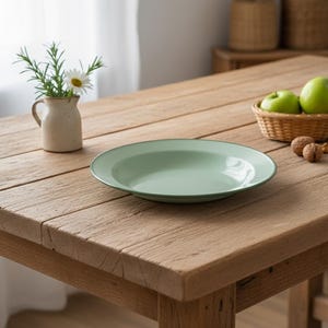 Puede incluir: Una mesa de madera rústica muestra un plato verde claro con un borde verde oscuro. Una pequeña cesta contiene manzanas verdes y nueces dispersas. Un pequeño jarrón con flores añade un toque natural.