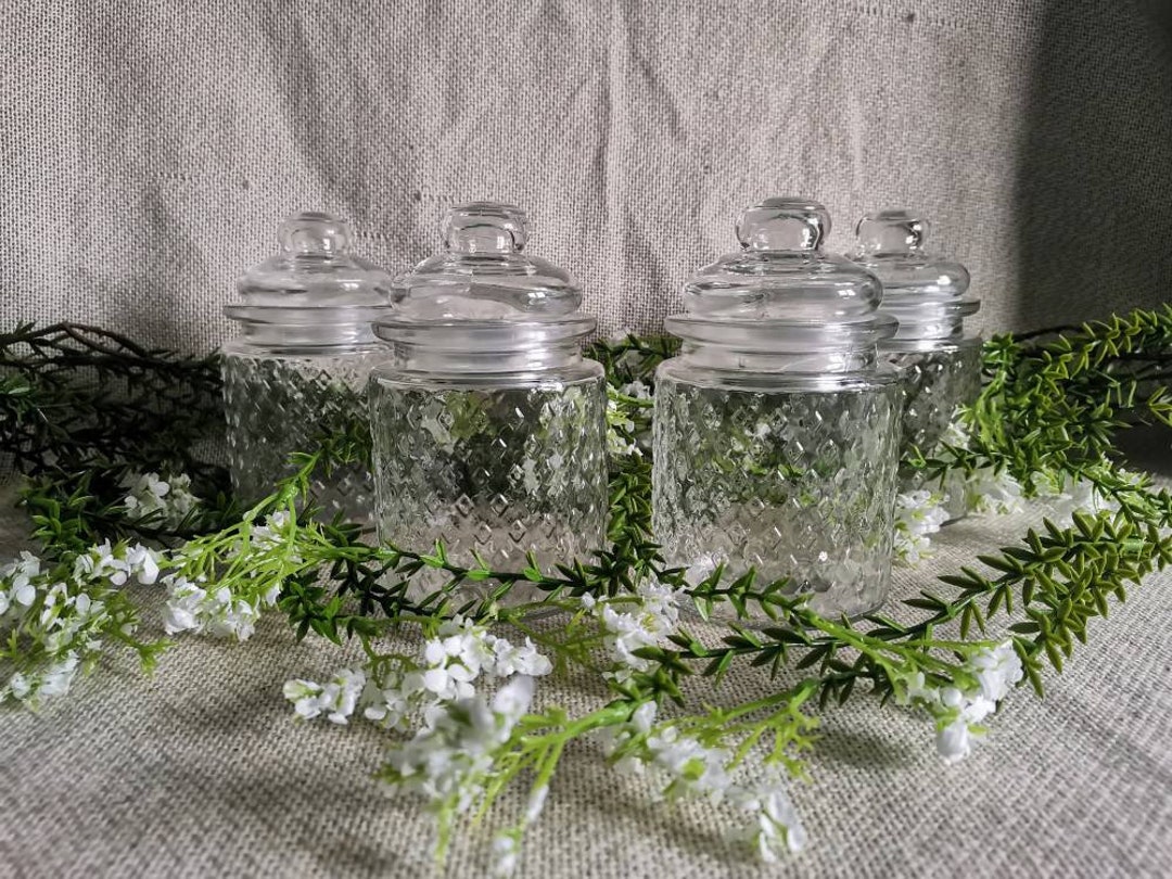 Vintage Glass Spice Jars, Set of 4 Diamond Glass Spice Containers, Antique Spice Jar, Condiment