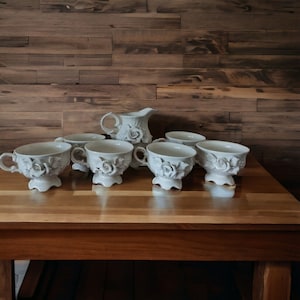 Vintage dirty White handmade set of jug and 6 tea cups with rose motif, Tea set for adults, footed Tea cups, Antique Tea service, teapot set