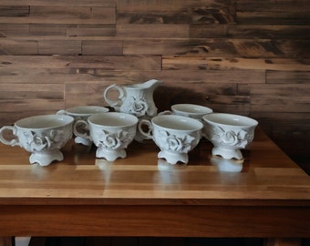 Vintage dirty White handmade set of jug and 6 tea cups with rose motif, Tea set for adults, footed Tea cups, Antique Tea service, teapot set