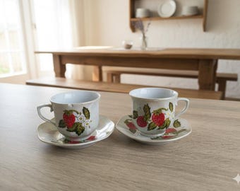Vintage Strawberry Porcelain Tea Cups and Saucers Set of 2, Iridescent Lusterware Coffee Mugs, Cottagecore Pearlescent Ceramic Berry Tea Set