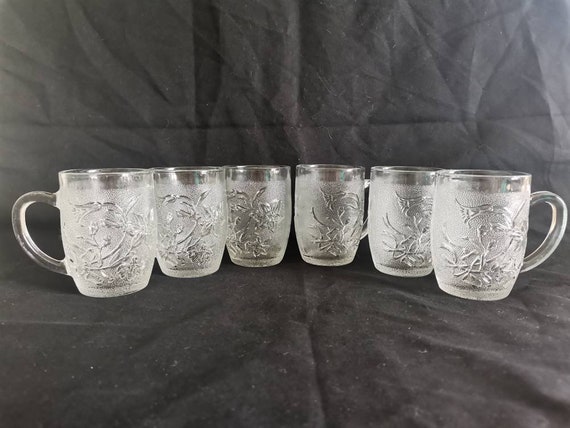 Vintage Set of 6 Etched Glass Mugs With Handles and Flower Motif,  Cappuccino Cup, Etched Coffee Mug, Ice Coffee Glass, Espresso Cups, 6 Mugs  