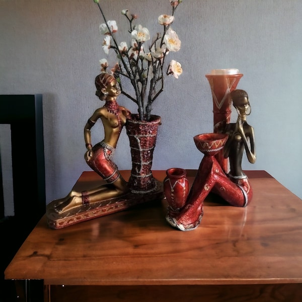 Vintage african Woman with vase, african Woman candleholder, african sculpture, bookshelf insert, african tribal art, Nude statue,