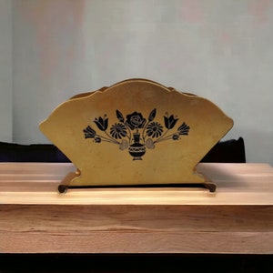 Vintage Golden Metal Napkin Holder with Black Floral Design