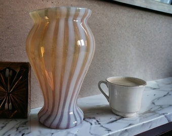 Vintage Glass milk white and yellow vase, Hand blown bud vase, colorful strip vase, frosted glass vase, funky glass vase, colored glassware
