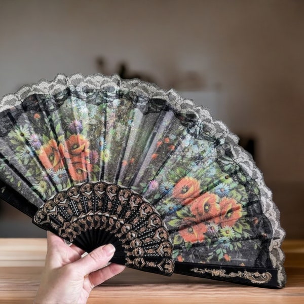 Vintage Black fabric and lace Hand fan, flamenco fan, foldable fan, Hand fan with flowers, large Hand fan, folding fan, poppies Hand fan